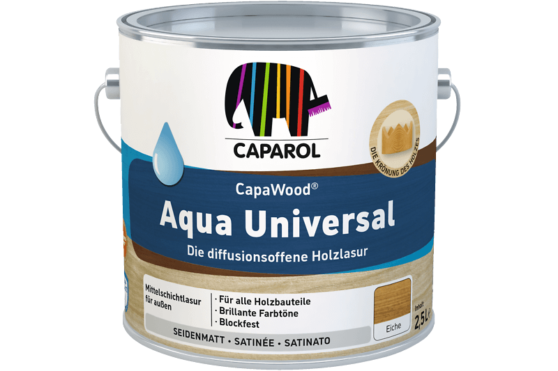 CapaWood Aqua Universal paint container in blue with Caparol elephant logo.