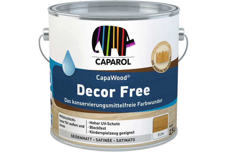 CapaWood Decor Free paint container in blue with Caparol elephant logo.
