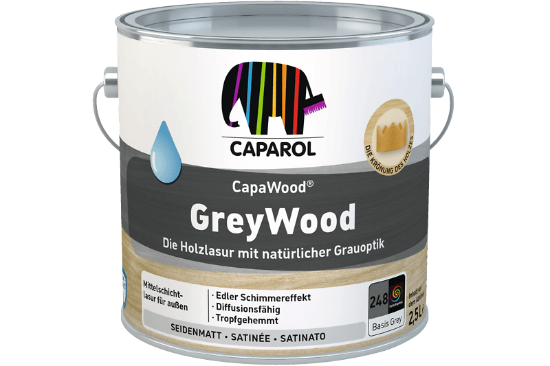 CapaWood Grey Wood paint container in gray with Caparol elephant logo.