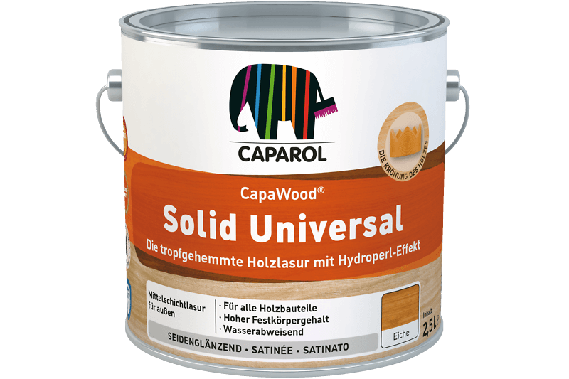 CapaWood Solid Universal paint container in orange with Caparol elephant logo.