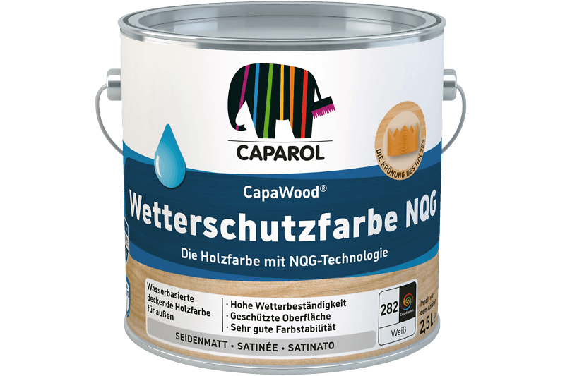 CapaWood weatherproof paint NQG paint container in blue with Caparol elephant logo.